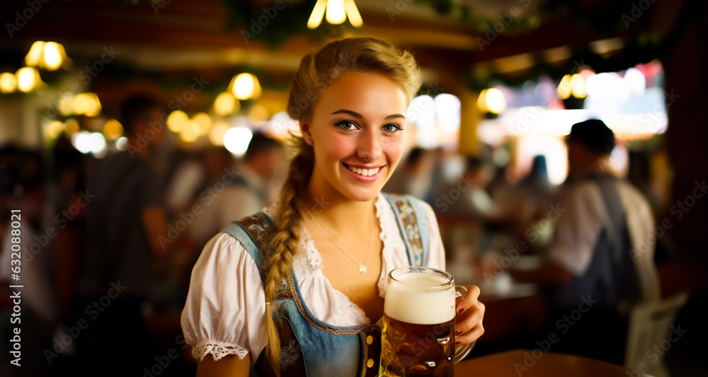 Oktoberfest waitress, wearing a traditional Bavarian dress, serving beers. German traditional festival. Shallow field of view Oktoberfest waitress, wearing a traditional Bavarian dress, serving beers. German traditional festival. Shallow field of view