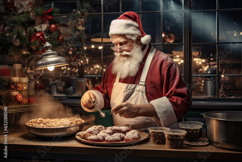 Santa Claus in a chef s uniform  cooking chrismast cookies