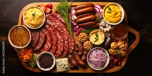 Traditional German dishes - sauerkraut, sausage, pretzel, mashed potatoes and beer.