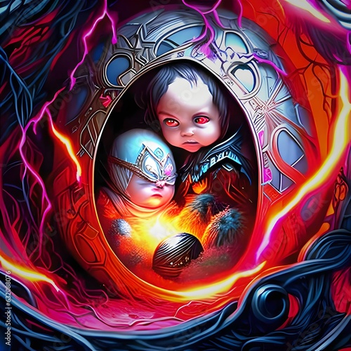 the two babies feeding on the Dragon egg