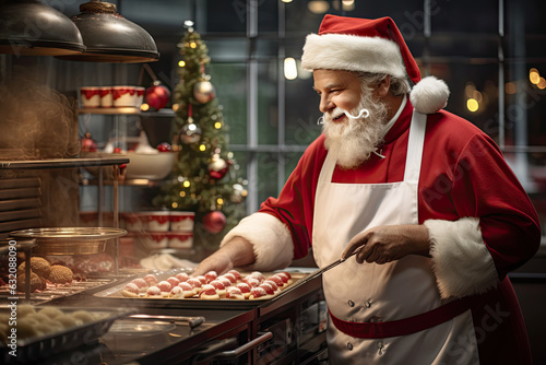 Santa Claus in a chef's uniform, cooking chrismast cookies photo