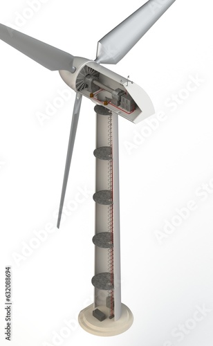 Windmill isolated on white background in section view detail