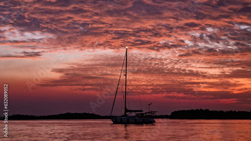 Boat in the Atlantic Ocean at sunset 