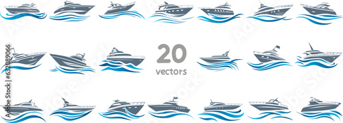 set of color vector images of modern yacht sailing on the waves of icons and logos