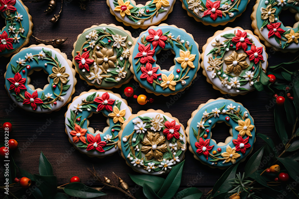 Christmas bright gingerbread cookies in the shape of Christmas wreath with icing and decor on the top 