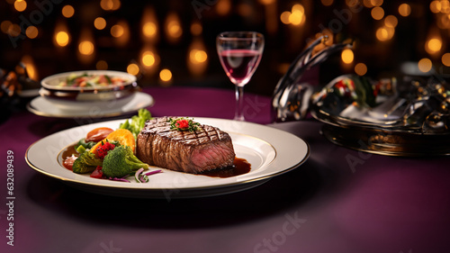 Schönes saftiges Steak mit Restaurant Atmosphäre, ai generativ