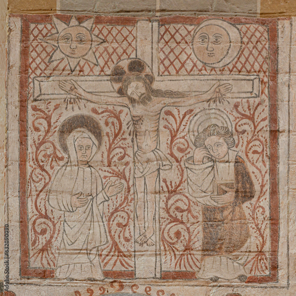 Medieval wall-painting of the crucifixion in a square frame