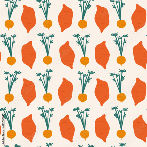 cute hand drawn seamless vector pattern background illustration with red potatoes and radishes