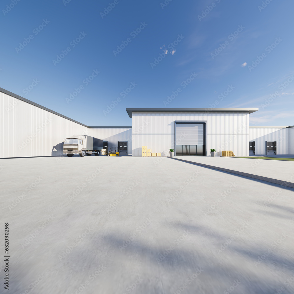 3d rendering of distribution center, warehouse exterior. Include roller shutter, truck, box, forklift and space on concrete floor for industrial background and concept of logistics, import export. 3d rendering of distribution center, warehouse exterior. Include roller shutter, truck, box, forklift and space on concrete floor for industrial background and concept of logistics, import export.