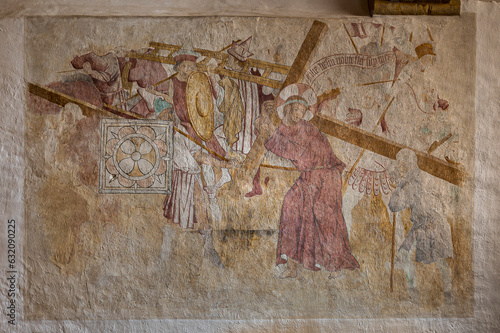 Fotografie, Obraz Jesus carrying his cross to calvary, a medieval mural in the Abbey church of Sor