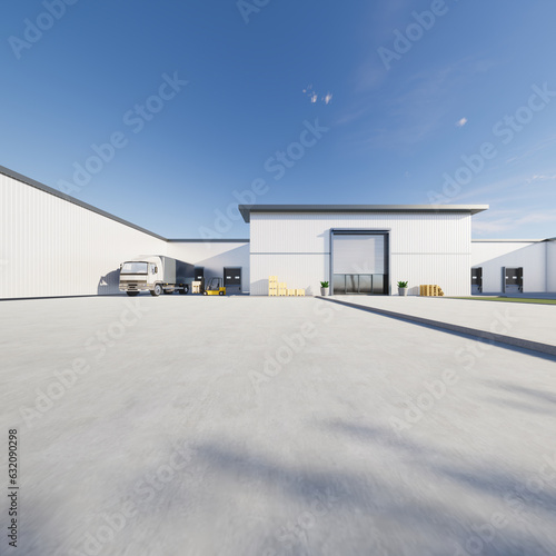 Fototapeta Naklejka Na Ścianę i Meble -  3d rendering of distribution center, warehouse exterior. Include  roller shutter, truck, box, forklift and space on concrete floor for industrial background and concept of logistics, import export.