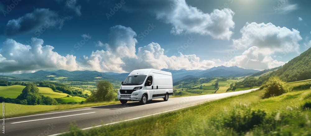 A small van is traveling on one of the main roads in the UK, delivering and picking up goods from suppliers and customers on a summer day. A small van is traveling on one of the main roads in the UK, delivering and picking up goods from suppliers and customers on a summer day.