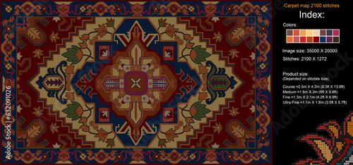 ¬¬Colorful carpet pattern for knitting cross stitch, carpet, rug, fabric, knitting, etc., with mosaic squares and grid guidelines. 2100 stitches. Read the index to learn the details.