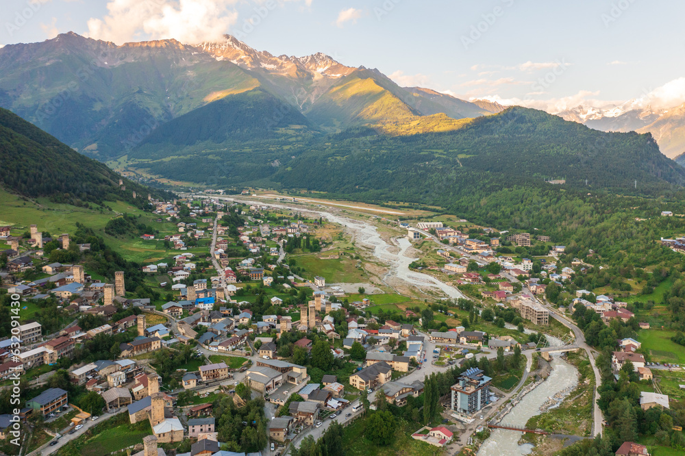 Mestia town in Svaneti, aerial view from drone. Famous Georgian historical place with Svan Towers.