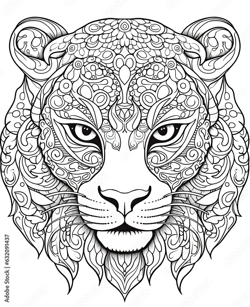 Mandala, black and white illustration for coloring animals, jaguar