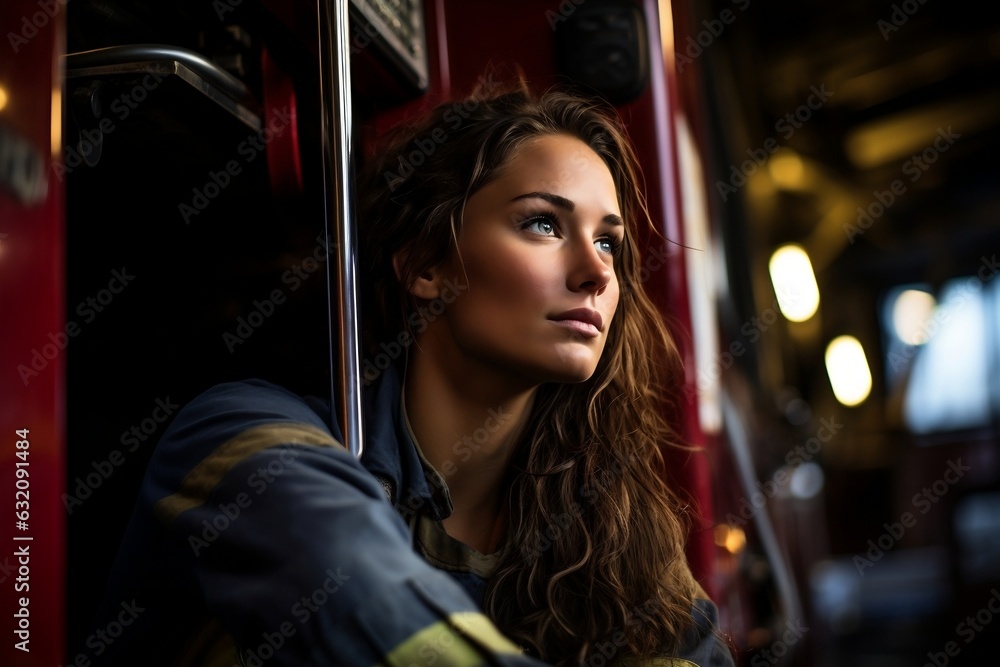 Female Firefighter Inclining Against Fire Engine. Generative AI