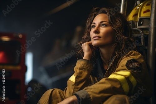 Lady Firefighter Resting Near Fire Truck. Generative AI