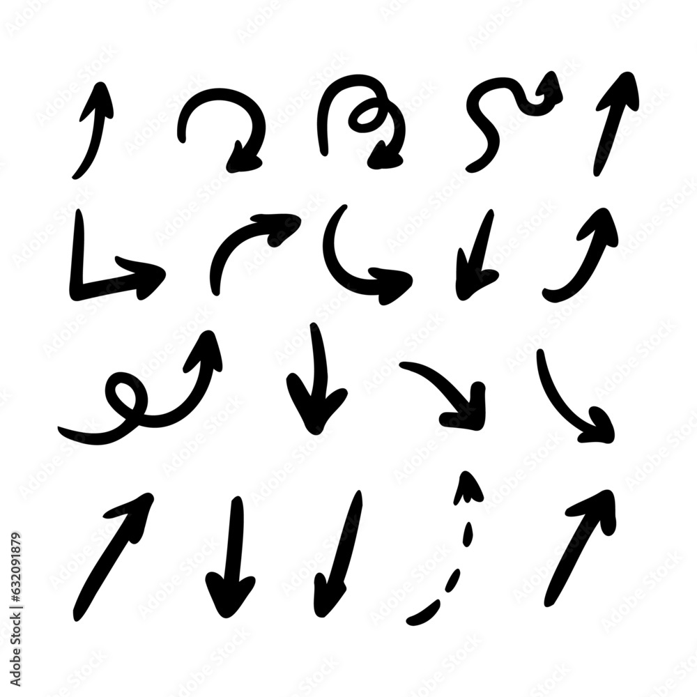 Arrow Set in a Simple Doodle Style Isolated on a White Background. Hand Drawn Vector Elements.
Arrow Set in a Simple Doodle Style Isolated on a White Background. Hand Drawn Vector Elements.