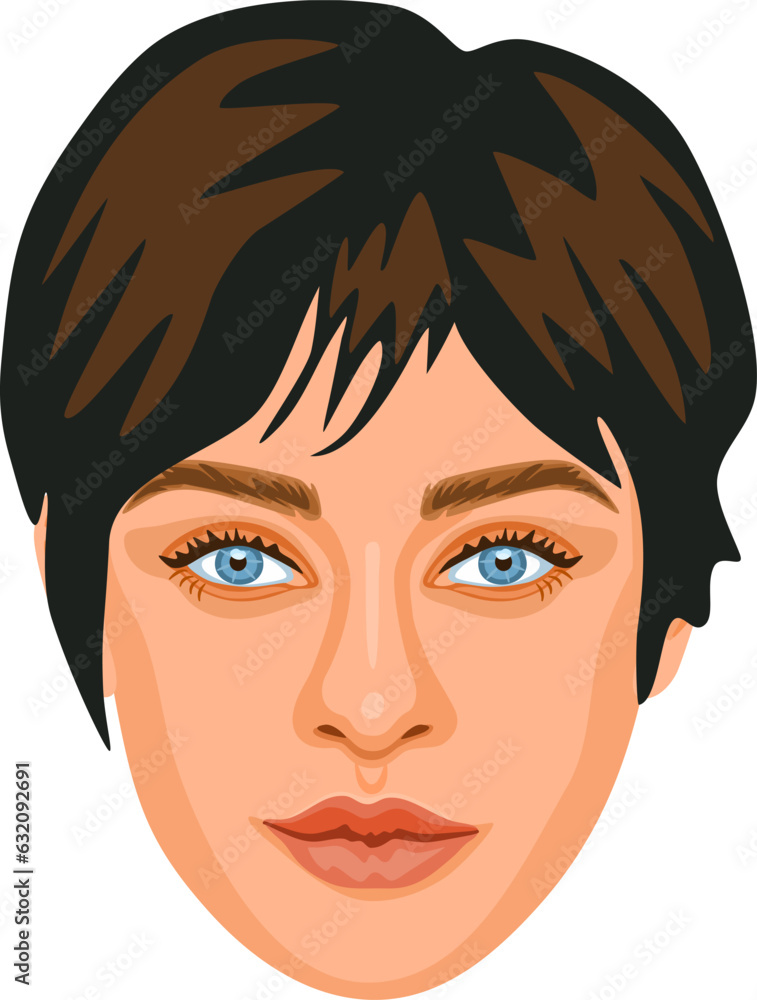 Millennial female portrait with brunette short hair. Detailed avatar of beautiful stylish woman. 
