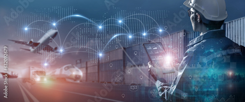 Transportation and logistics network distribution technology concept. Using AI in logistics and supply chain management. Planning with real time visibility and control over optimized supply chain.