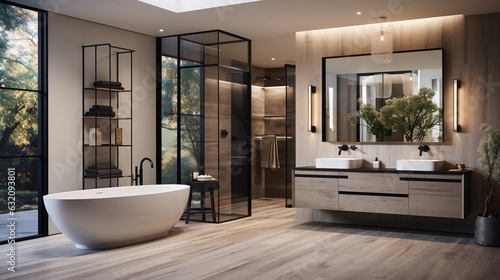 A sleek and modern bathroom with a minimalist white vanity and sleek black fixtures  featuring a large shower and luxurious freestanding bathtub