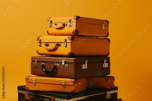 pyramid of several vintage suitcases on a yellow background.