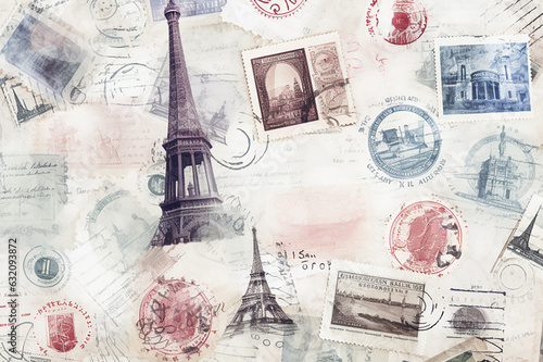 Background with stamps of travel, countries. Seamless pattern, travel print