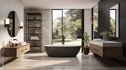 A sleek and modern bathroom with a minimalist white vanity and sleek black fixtures, featuring a large shower and luxurious freestanding bathtub © Milan