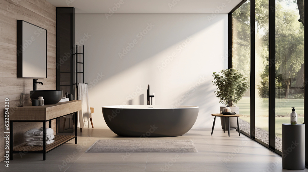 A sleek and modern bathroom with a minimalist white vanity and sleek black fixtures, featuring a large shower and luxurious freestanding bathtub A sleek and modern bathroom with a minimalist white vanity and sleek black fixtures, featuring a large shower and luxurious freestanding bathtub