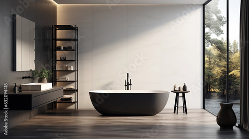 A sleek and modern bathroom with a minimalist white vanity and sleek black fixtures  featuring a large shower and luxurious freestanding bathtub