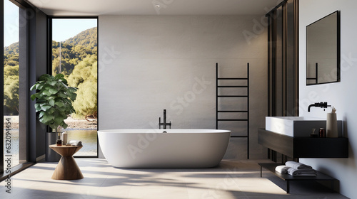 A sleek and modern bathroom with a minimalist white vanity and sleek black fixtures, featuring a large shower and luxurious freestanding bathtub