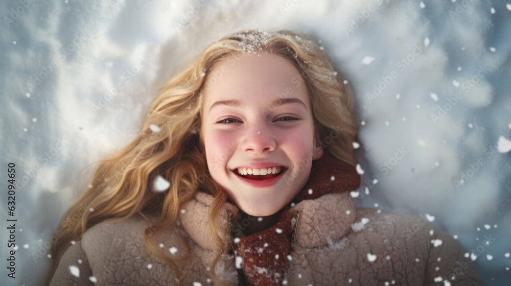 Happy woman lies on the snow. Pretty ginger lady enjoys winter. Top view, close up Christmas portrait. Happy woman lies on the snow. Pretty ginger lady enjoys winter. Top view, close up Christmas portrait.
