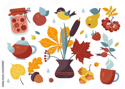 Set of autumn elements in flat style. Fall icons with autumn leaves in vase, jar of jam, teapot, rosehip, berries, cup, acorn, nut, rowan bunch, bird. Vector illustration.