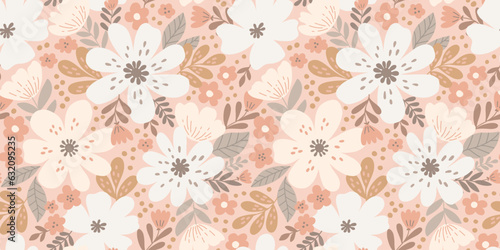 Blossom daisies, pink shades, background with leaves. Peachy pastel monochrome hand-drawn paper with flowers. Floral boho pattern with pink flowers and leaves. 