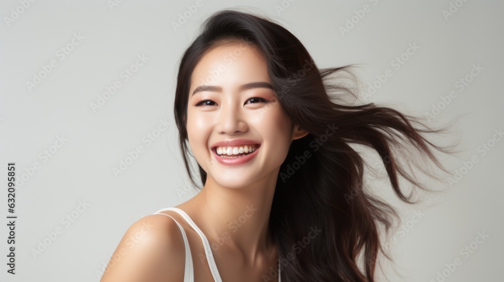 Close-up portrait of a beautiful Asian model laughing and smiling with clean teeth. Used for dental advertising isolated on white background Close-up portrait of a beautiful Asian model laughing and smiling with clean teeth. Used for dental advertising isolated on white background