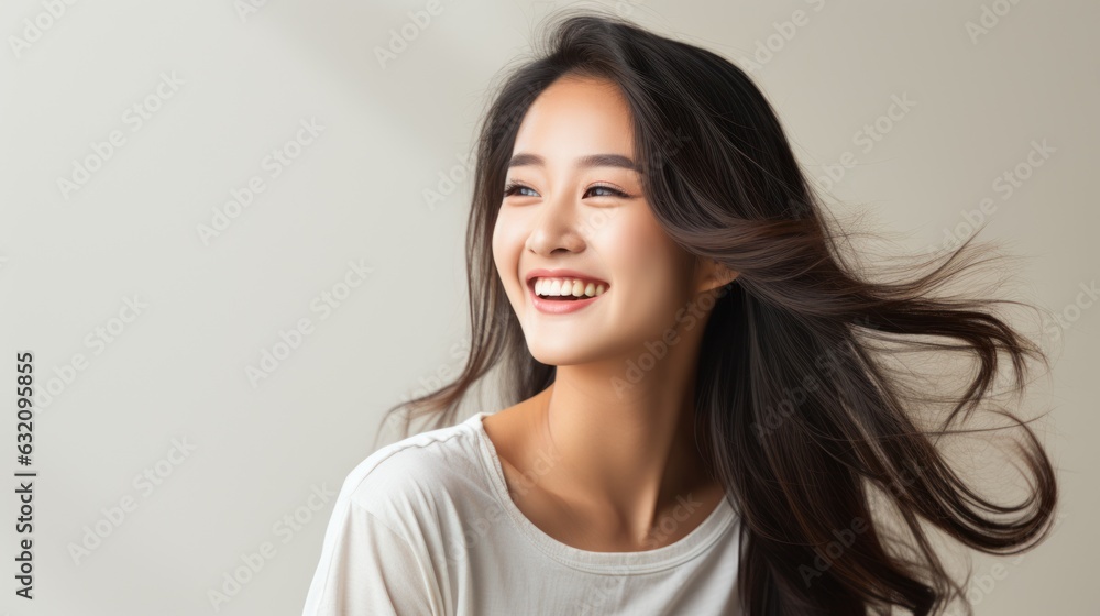 Close-up portrait of a beautiful Asian model laughing and smiling with clean teeth. Used for dental advertising isolated on white background Close-up portrait of a beautiful Asian model laughing and smiling with clean teeth. Used for dental advertising isolated on white background