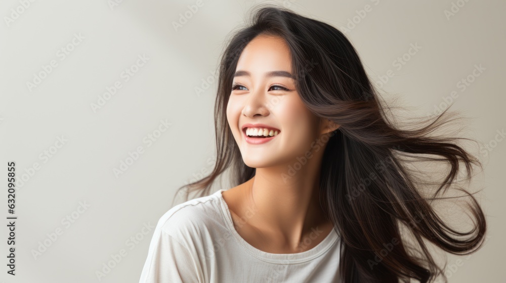 Close-up portrait of a beautiful Asian model laughing and smiling with clean teeth. Used for dental advertising isolated on white background