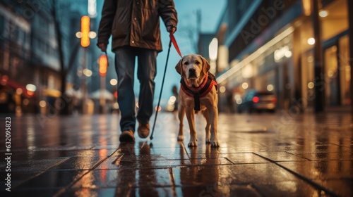 Blind handicapped man holding white cane and guide dog on street outside blurry city background