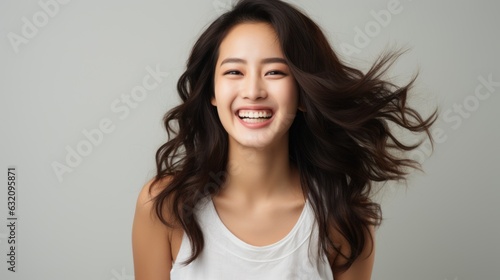 Close-up portrait of a beautiful Asian model laughing and smiling with clean teeth. Used for dental advertising isolated on white background