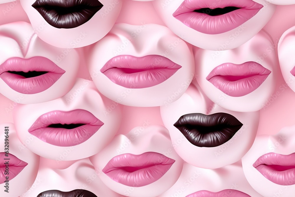 Obraz premium Seamless pattern with woman lips. Applicable for fabric print, textile, wrapping paper, wallpaper. Pink background with female lips. Repeatable texture. Sensual, passion and beauty. Generative AI.