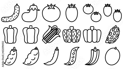 果実野菜のアイコンセット。シンプルなベクター線画イラスト。 Fruit vegetables icon set. Simple vector line drawing illustrations.