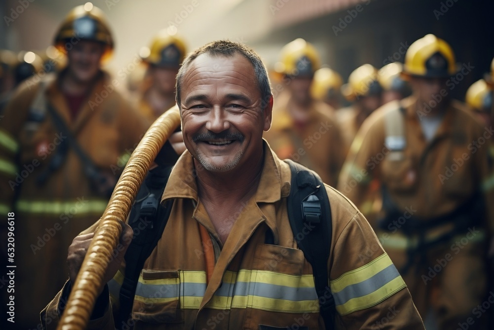 Experienced Firefighter with Hose. Generative AI