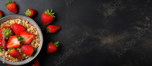 Top view of a black bowl filled with homemade multicereal granola and fresh strawberries, placed on a dark slate, stone, or concrete background. includes copy space.