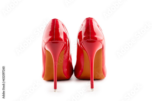 a pair of red women's high-heeled shoes on white background