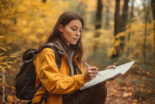 Traveler woman autumn nature. Generate Ai