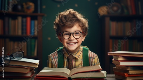 A little boy in glasses stands near the blackboard. Elementary school children with books and bags back to school.