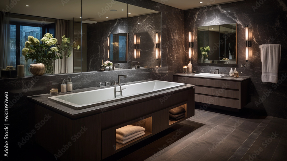 sleek grey marble bathroom with LED lighting, double vanity, and freestanding bathtub sleek grey marble bathroom with LED lighting, double vanity, and freestanding bathtub