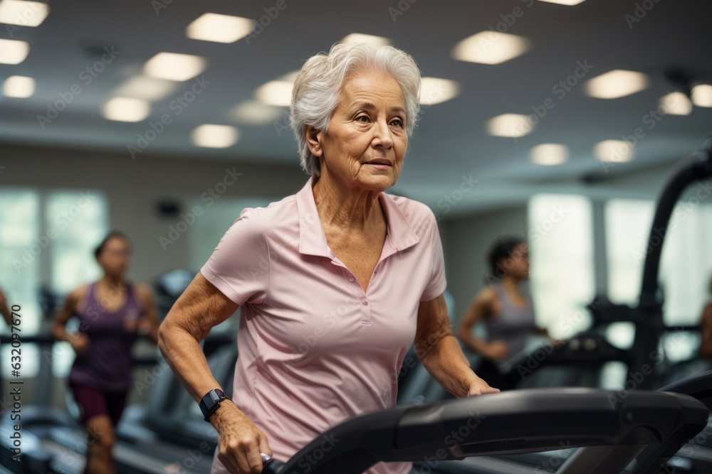 Photo of senior woman in fitness center, running on treadmill