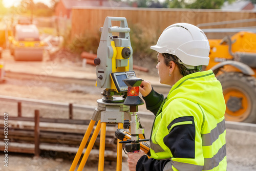 Close-up portrait of a woman site engineer surveyor working with theodolite total station EDM equipment on a building construction site outdoors