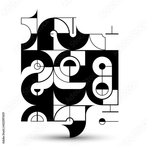Abstract vector geometric background, tech engineering look like shapes and lines composition, mechanical engine industry style, black and white.